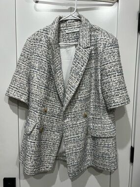 Amanda Uprichard Cream and Blue Tweed Short-Sleeve Jacket